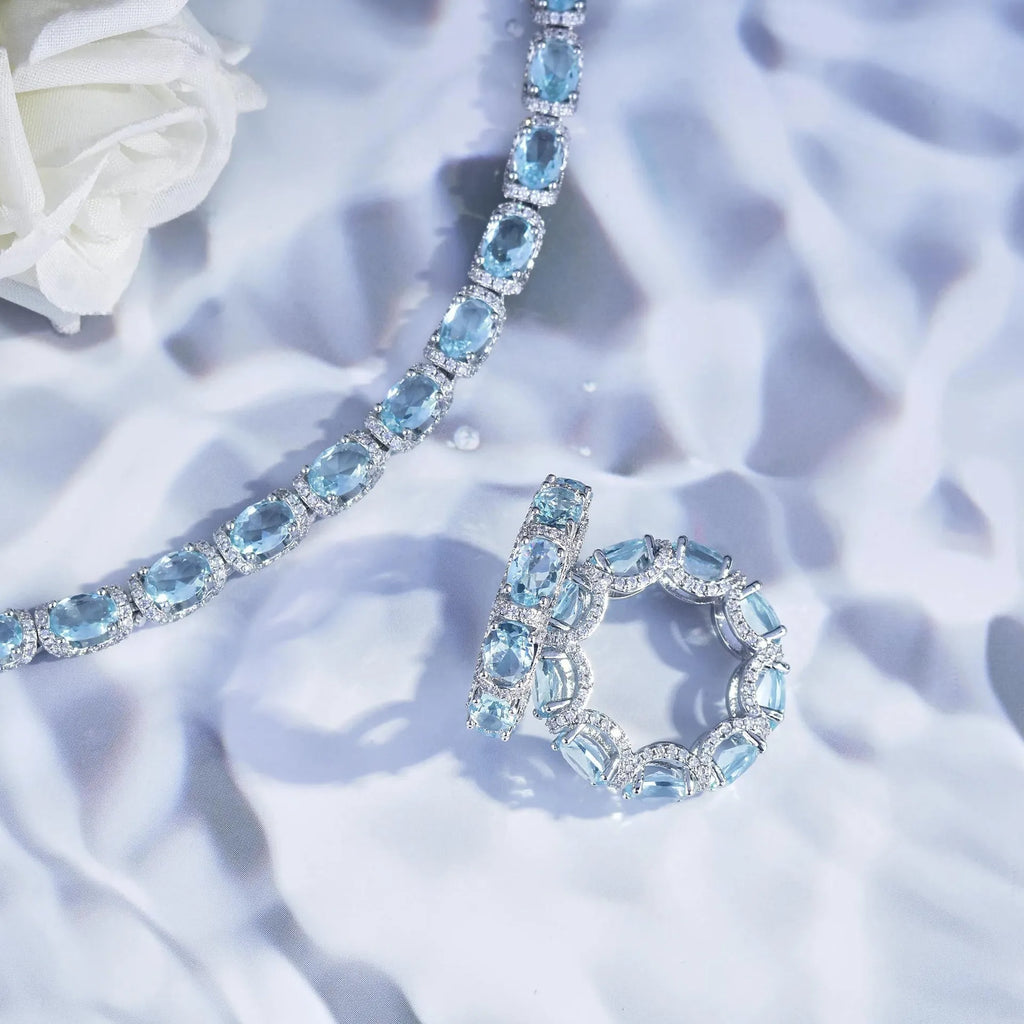 Fashion Sea Blue Topaz Jewelry Sets Luxury 18K White Gold Plated Women Wedding Bands Ring Bracelet Elegant Crystals Accessories