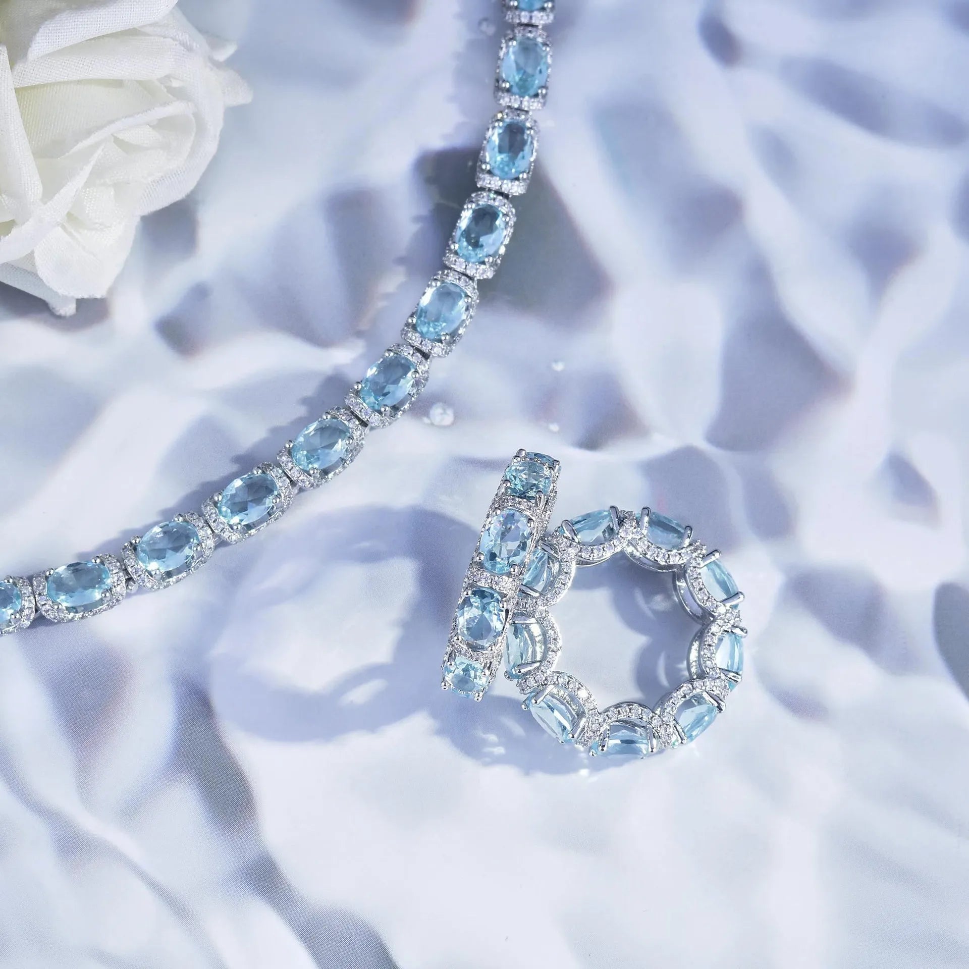 Fashion Sea Blue Topaz Jewelry Sets Luxury 18K White Gold Plated Women Wedding Bands Ring Bracelet Elegant Crystals Accessories