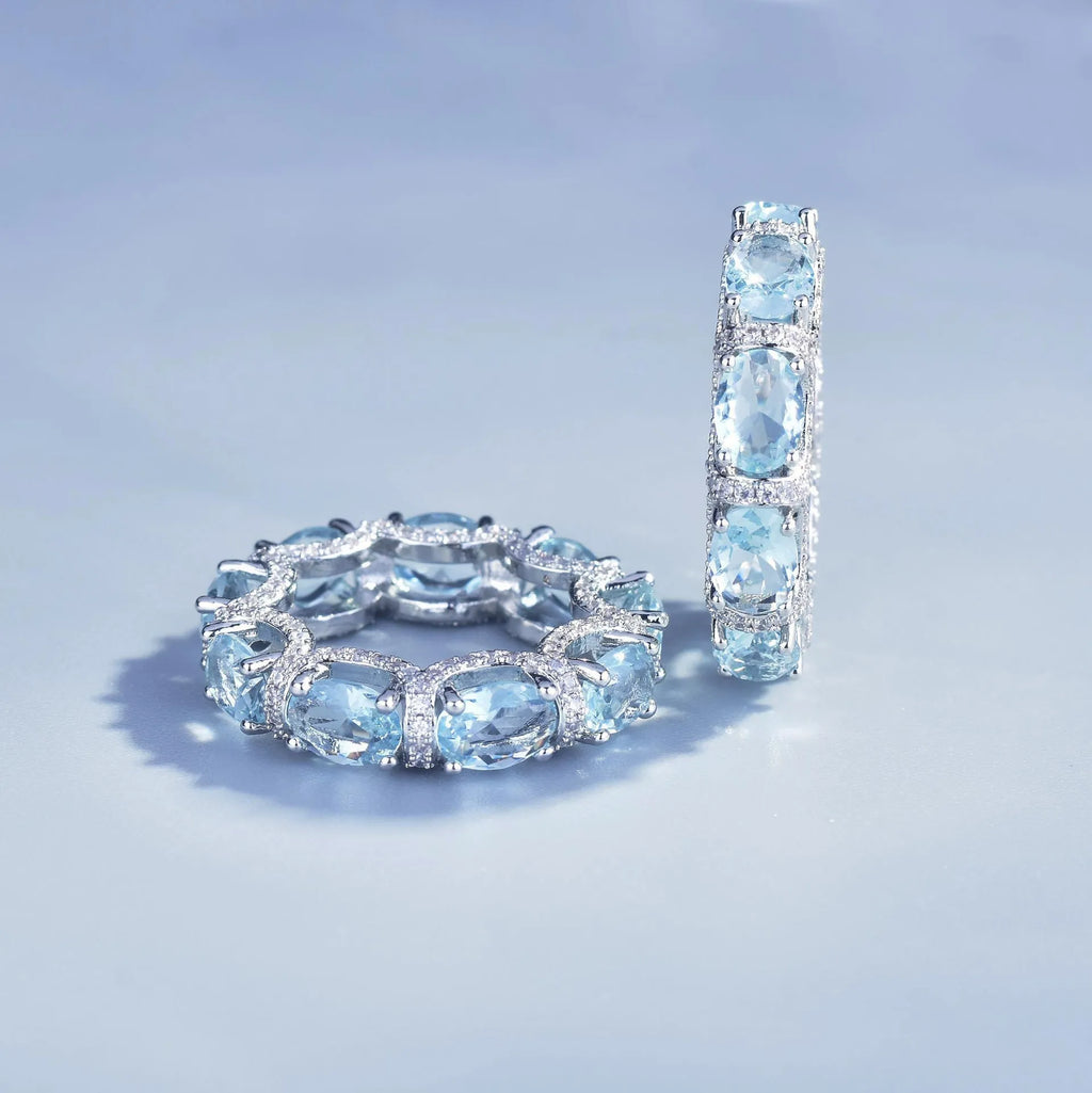 Fashion Sea Blue Topaz Jewelry Sets Luxury 18K White Gold Plated Women Wedding Bands Ring Bracelet Elegant Crystals Accessories