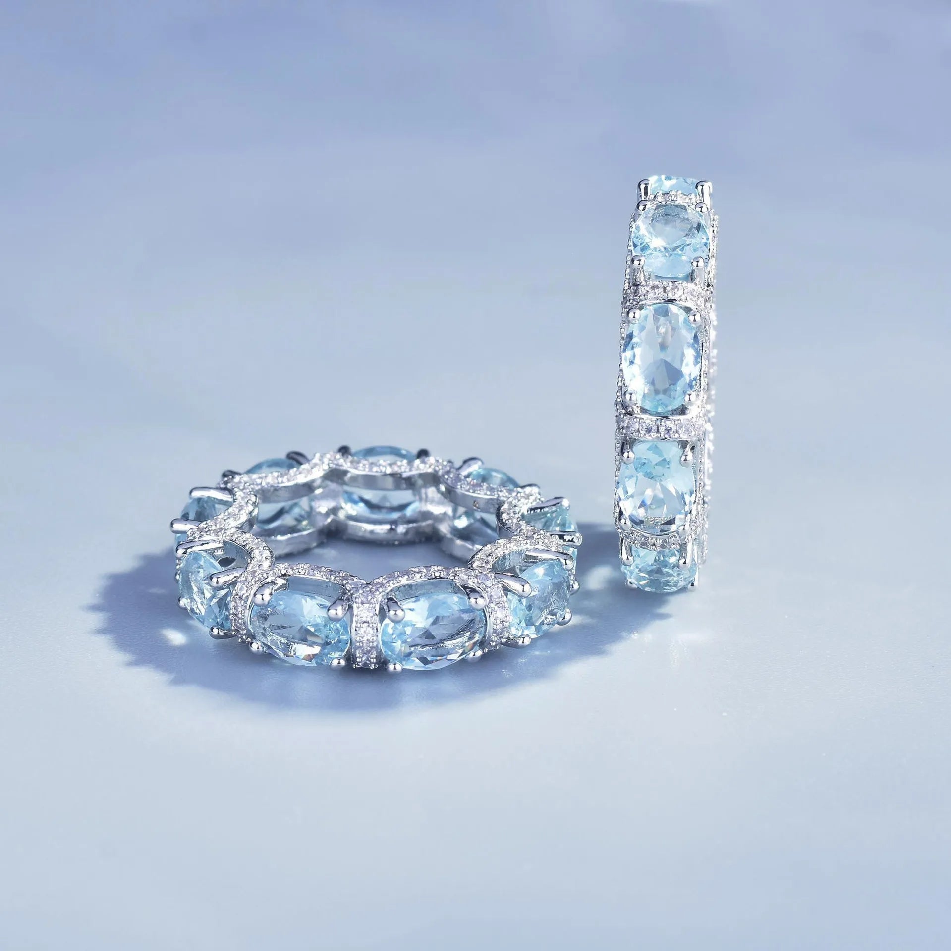 Fashion Sea Blue Topaz Jewelry Sets Luxury 18K White Gold Plated Women Wedding Bands Ring Bracelet Elegant Crystals Accessories