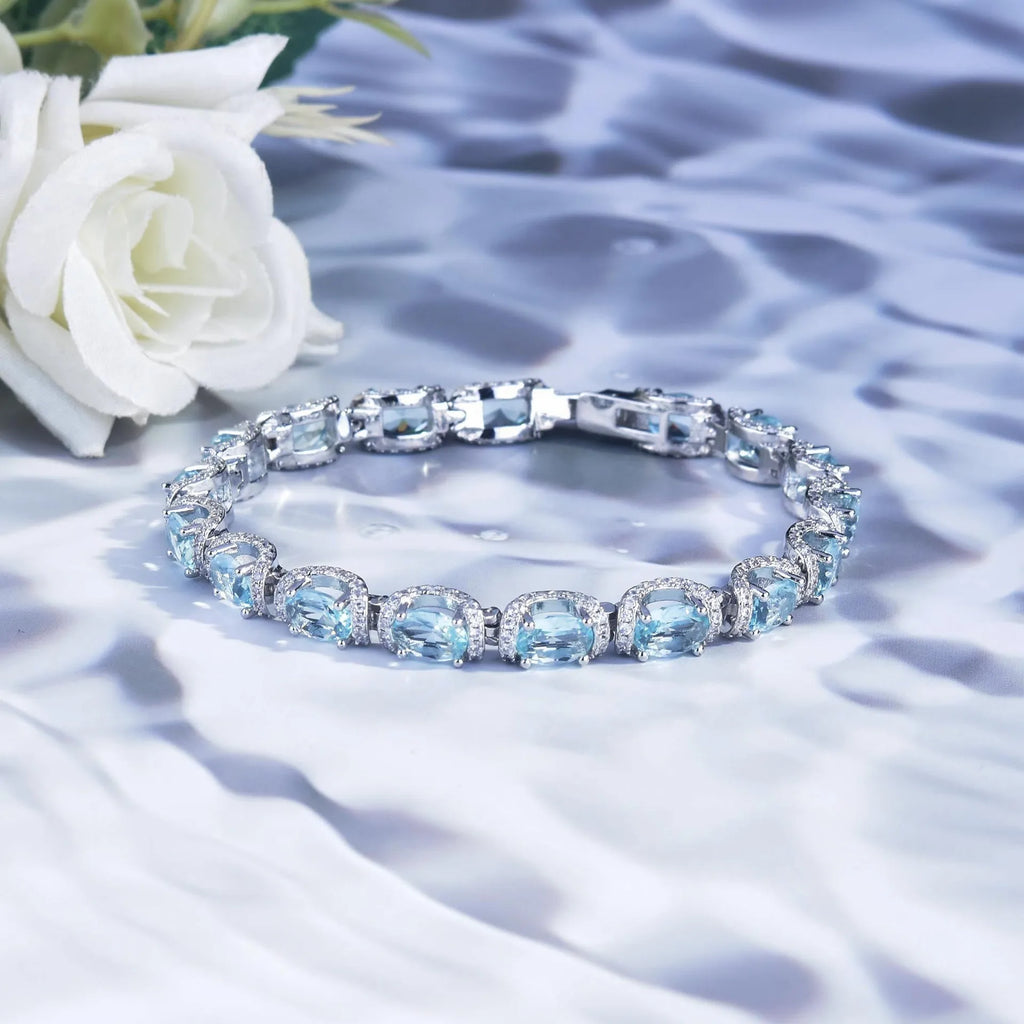 Fashion Sea Blue Topaz Jewelry Sets Luxury 18K White Gold Plated Women Wedding Bands Ring Bracelet Elegant Crystals Accessories