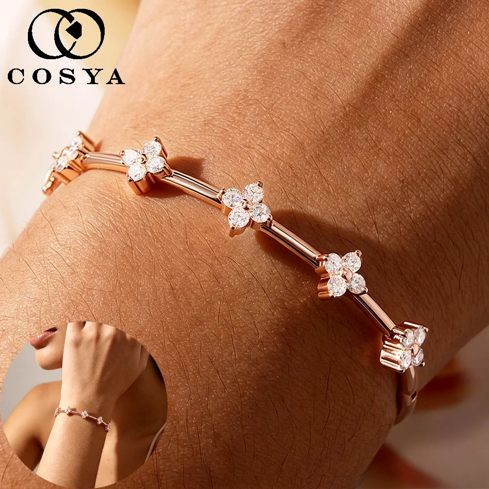 COSYA 2.5mm Flower Moissanite Bangles Bracelet for Women S925 Silver Plated 18K Gold Clover Lab Diamond Luxury Fine Jewelry Gift