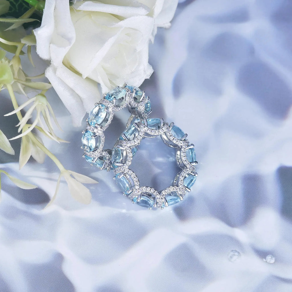 Fashion Sea Blue Topaz Jewelry Sets Luxury 18K White Gold Plated Women Wedding Bands Ring Bracelet Elegant Crystals Accessories