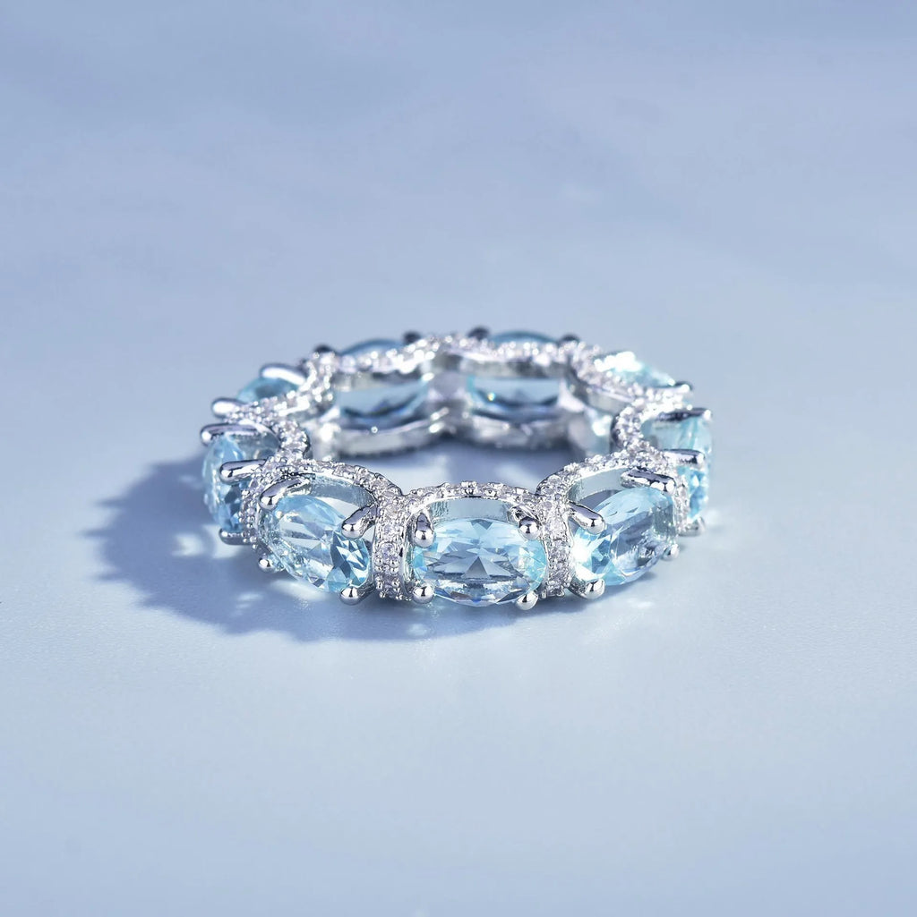 Fashion Sea Blue Topaz Jewelry Sets Luxury 18K White Gold Plated Women Wedding Bands Ring Bracelet Elegant Crystals Accessories